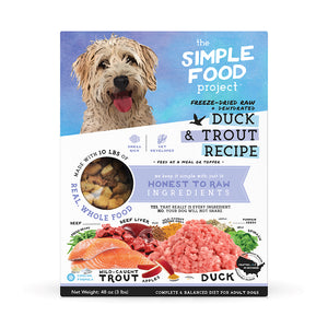 48oz package from 'The Simple Food Project' with duck and trout recipe on a white background