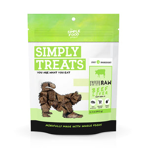 Package of Simply Treats Freeze Dried Beef Liver for dogs on a white background