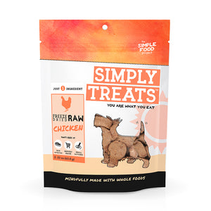 Package of Simply Treats freeze-dried raw chicken for dogs on a white background