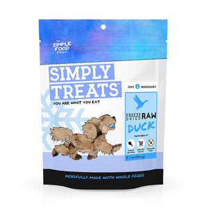 Package of Simply Treats Freeze Dried Raw Duck for dogs on a white background