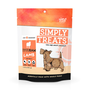 Package of Simply Treats Freeze Dried Raw Lamb dog treats on a white background