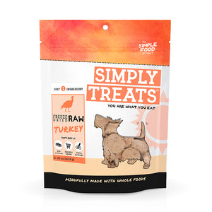 Package of Simply Treats freeze-dried raw turkey for dogs on a white background