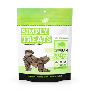 Package of Simply Treats Freeze Dried Bison Liver for dogs on a white background