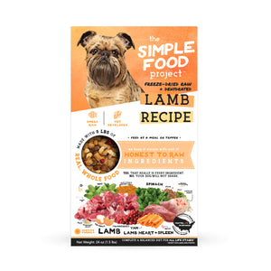Dog food package from 'The Simple Food Project' with a lamb recipe on an orange and white background. This is for the 24oz size.