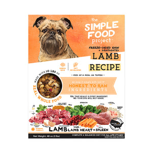 Dog food package from 'The Simple Food Project' with a lamb recipe on an orange and white background. This if for the 48oz Size.