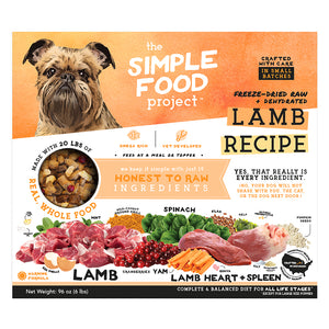Box of 'The Simple Food Project' lamb recipe dog food with a dog on the label. This is the 96oz Size.