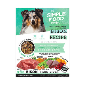 Dog food package for the Simple Food Project Bison Recipe with images of a dog and ingredients on a white background. This is for the 48oz size.