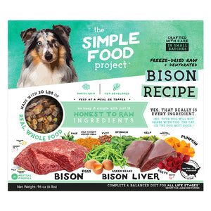 Dog food package from The Simple Food Project with bison recipe on a green background. This is for the 96oz size.
