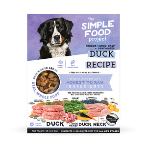 Dog food package from 'The Simple Food Project' with a duck recipe on a white background. This is for the 48oz size.