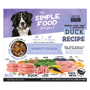 Dog food package from The Simple Food Project with a duck recipe on a purple background. This is for the 96oz recipe.