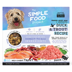 96oz package from The Simple Food Project with duck and trout recipe on a white background