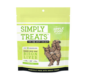Package of Simply Treats Bison Liver treat for dogs on a white background