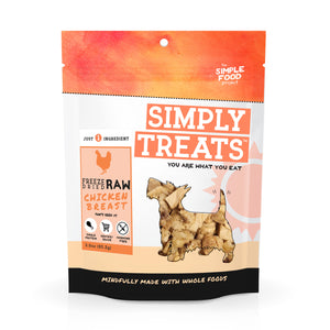 Package of Simply Treats freeze-dried raw chicken breast for dogs on a white background