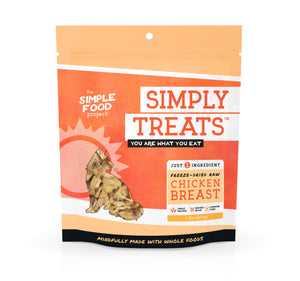 Package of Simply Treats chicken breast freeze-dried raw dog treat on a white background