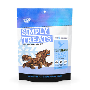 Package of Simply Treats Freeze Dried Duck Hearts for pets on a white background