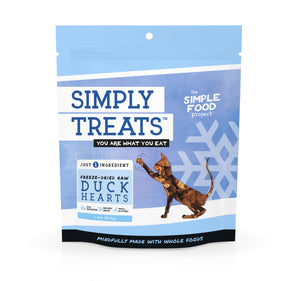 Package of Simply Treats Freeze-Dried Raw Duck Hearts for dogs on a white background