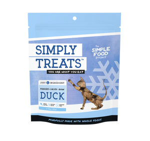 Package of Simply Treats Freeze-Dried Raw Duck treats for dogs on a white background