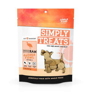 Package of Simply Treats freeze-dried guinea fowl for dogs on a white background