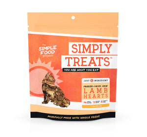 Package of Simply Treats lamb hearts for cats on a white background