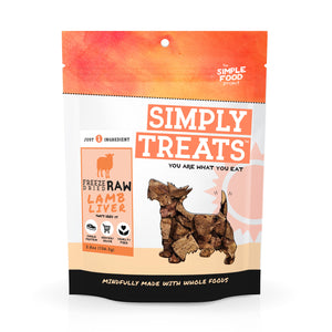 Package of Simply Treats Freeze Dried Raw Lamb Liver for dogs on a white background