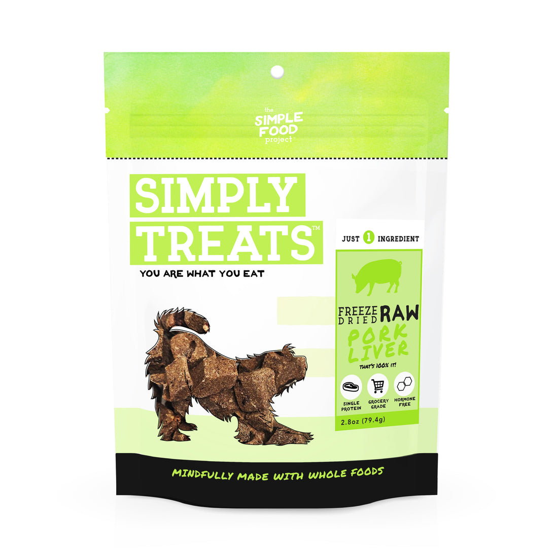 Package of Simply Treats Freeze Dried Pork Liver for dogs on a white background