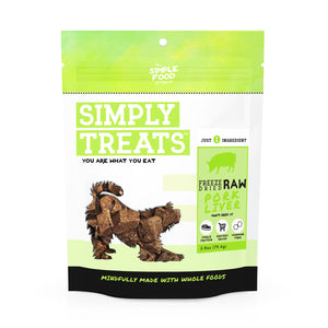 Package of Simply Treats Freeze Dried Pork Liver for dogs on a white background