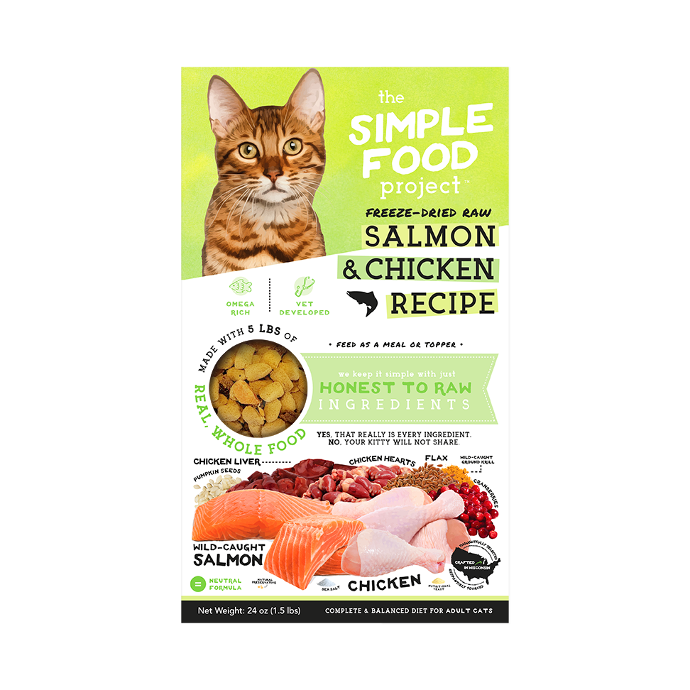 24oz Package of 'The Simple Food Project' freeze-dried raw cat food with salmon & chicken recipe.