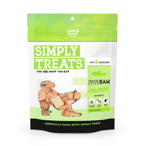 Package of Simply Treats Freeze Dried Salmon for dogs on a white background