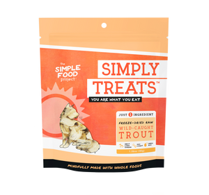Package of Simply Treats wild-caught trout treats for cats on a white background