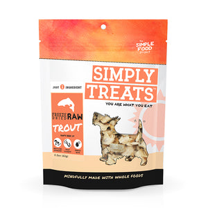 Package of Simply Treats Freeze Dried Raw Trout for dogs on a white background