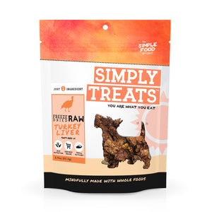Package of Simply Treats freeze-dried raw turkey liver for dogs on a white background