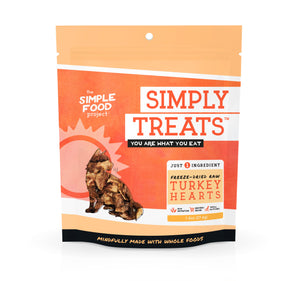 Package of Simply Treats freeze-dried raw turkey hearts for cats by The Simple Food Project.