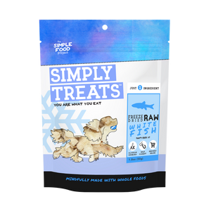 Package of Simply Treats Freeze Dried Raw White Fish for dogs with a blue and white design.