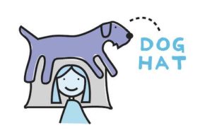 cartoon of a dog laying on top of owner's head (a "dog hat" if you will)